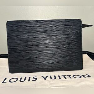 Authentic Louis Vuitton Black Epi Leather Flat Clutch / Pochette